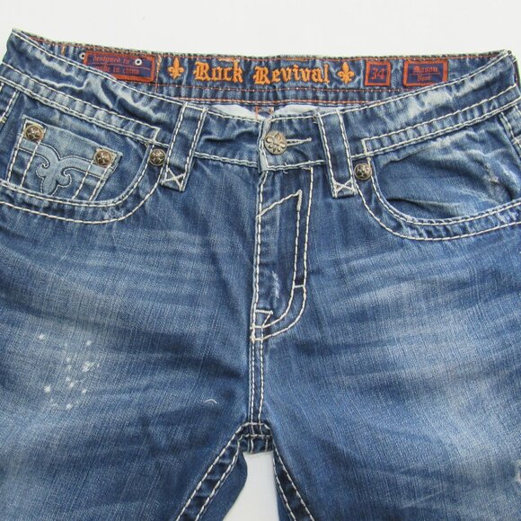 Rock Revival Men's Relaxed Distressed Straight-Fit Bootcut Blue Jeans Size 34 - Picture 5 of 14